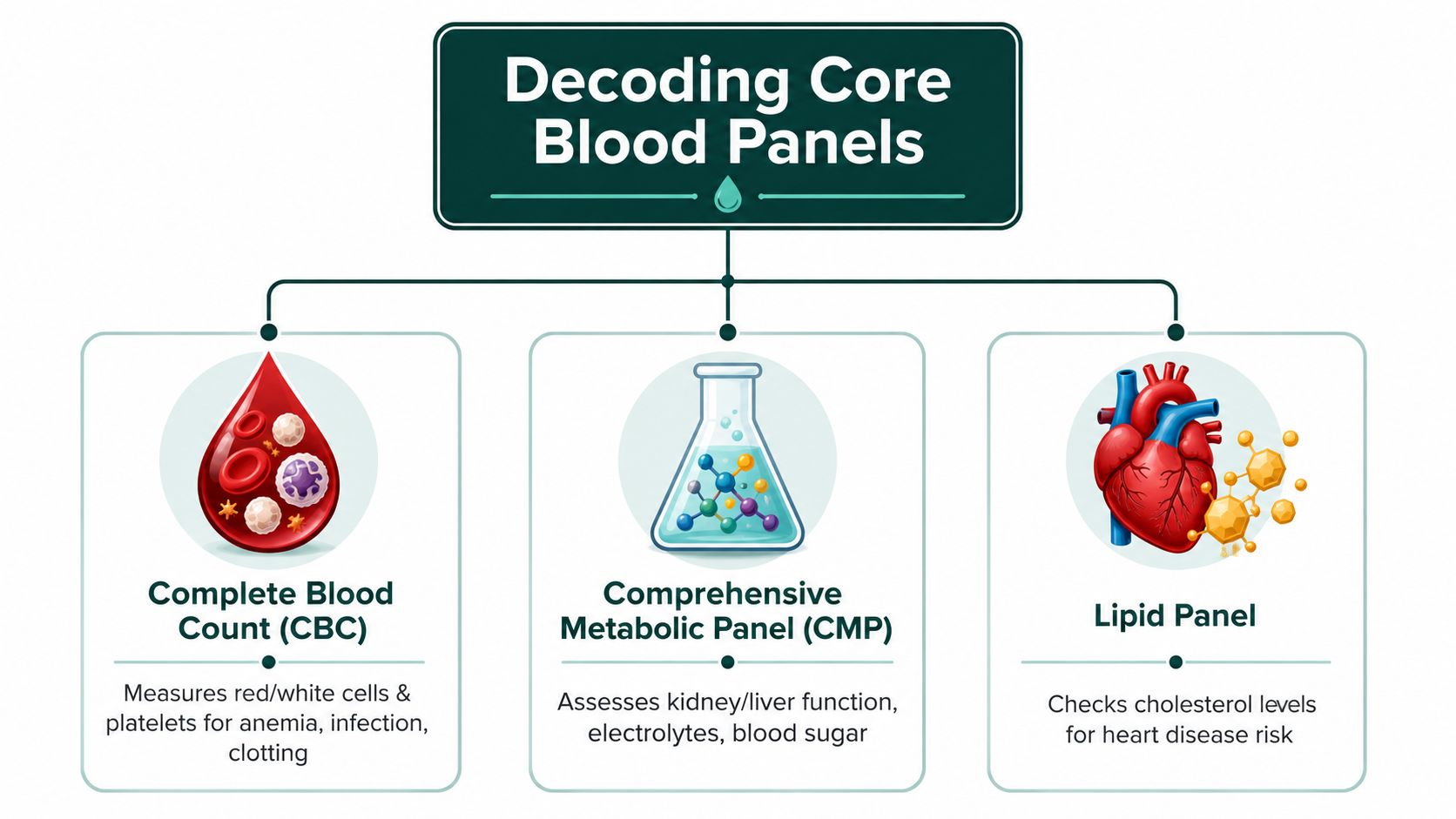An infographic titled Decoding Core Blood Panels explaining the purposes of CBC, CMP, and Lipid blood tests.