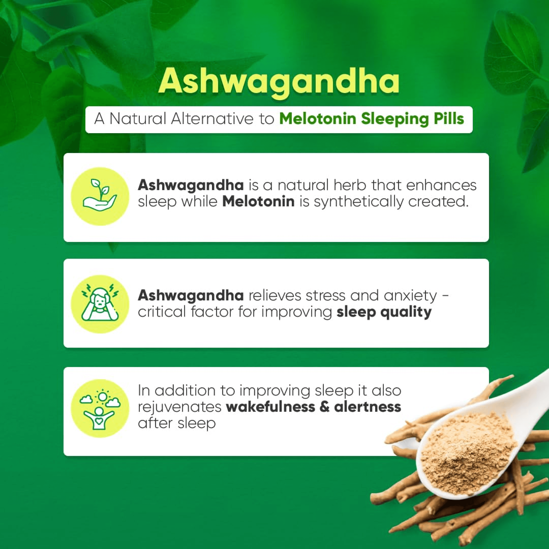 Comparison of Ashwagandha and Melatonin, highlighting Ashwagandha as a natural sleep aid alternative.