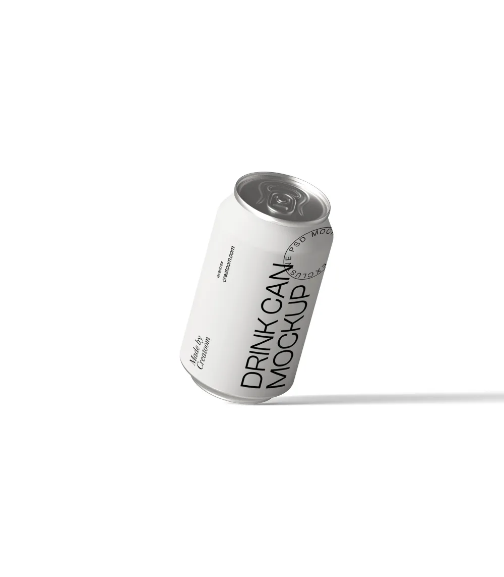 Minimalist drink can mockup on a white background, showcasing a sleek, white cylindrical can with bold black typography. The can is tilted, casting a subtle shadow, perfect for branding presentations.