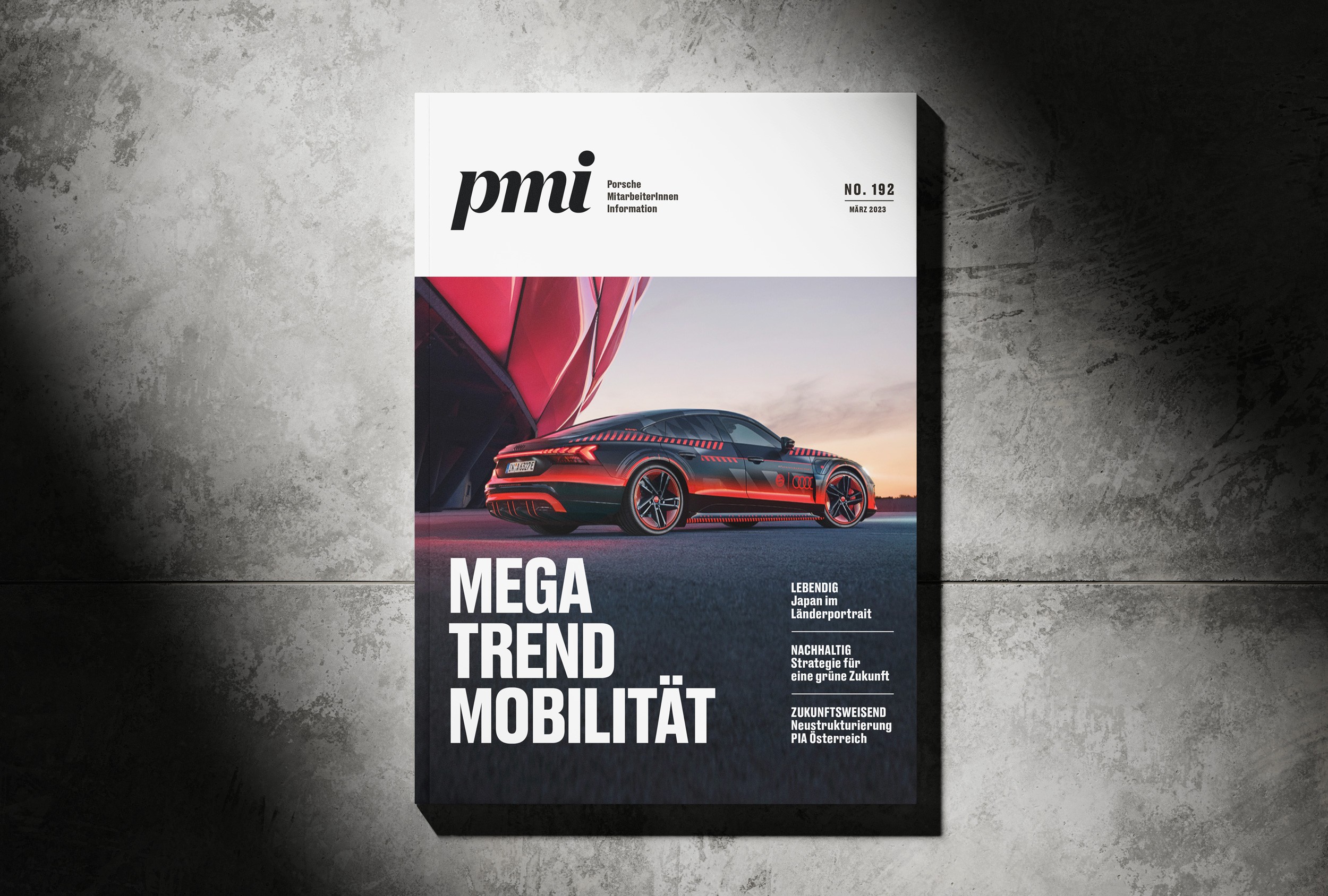 Überarbeitetes Logo des Porsche Mitarbeiter-Magazins mit modernem und dynamischem Design.