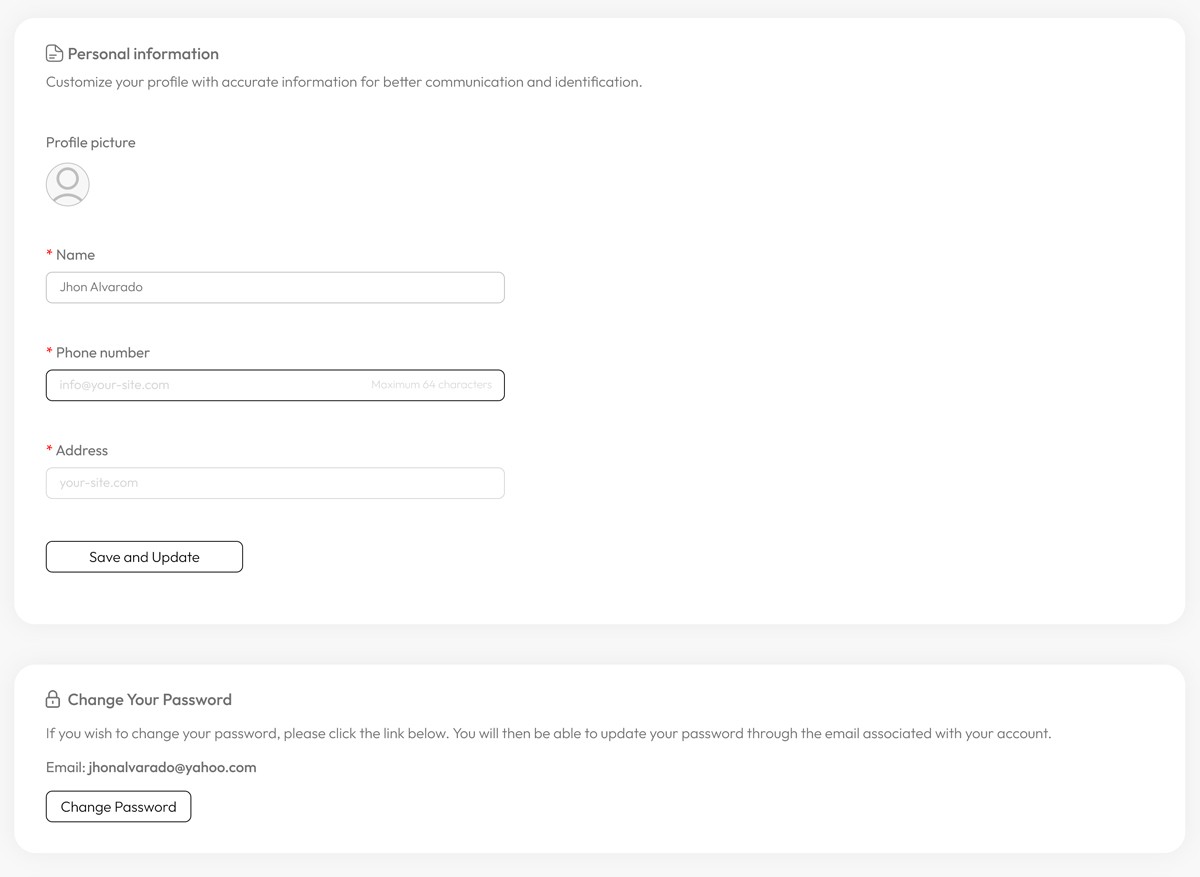 AskDolphin personal information page with editable profile fields and a change password option.