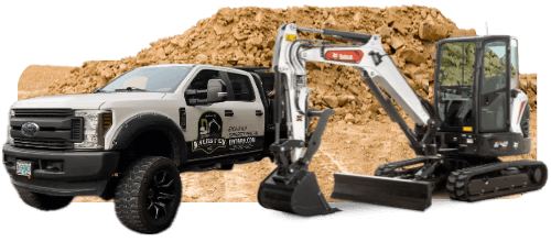 Excavator and heavy truck working in muddy conditions – Reliable excavation services in Oregon by Diversified Contractors