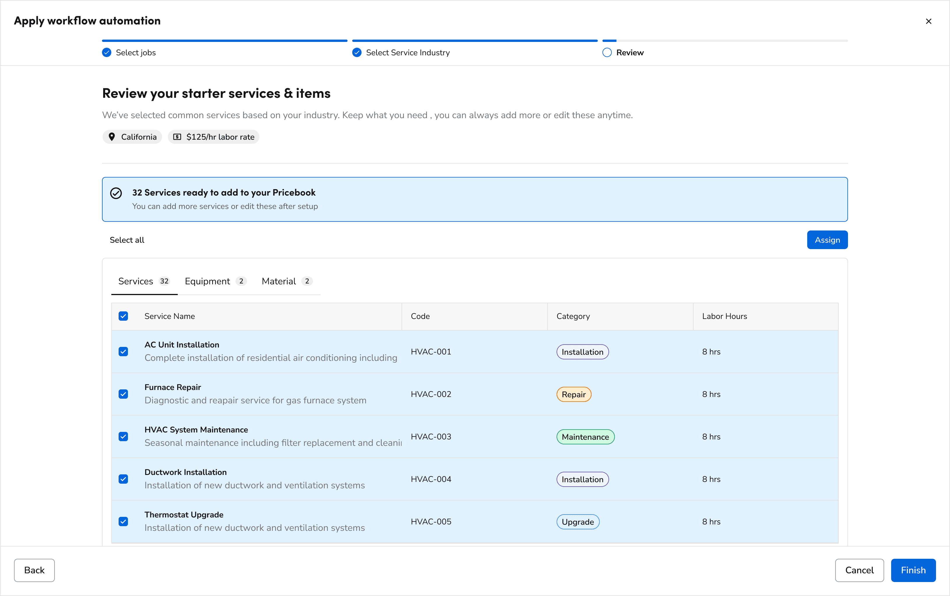 Reviewing pre-selected services for Smart Start Onboarding