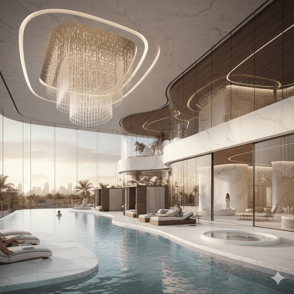 Temperature-controlled swimming pool and luxury spa for wellness at M3M Elie Saab amenities