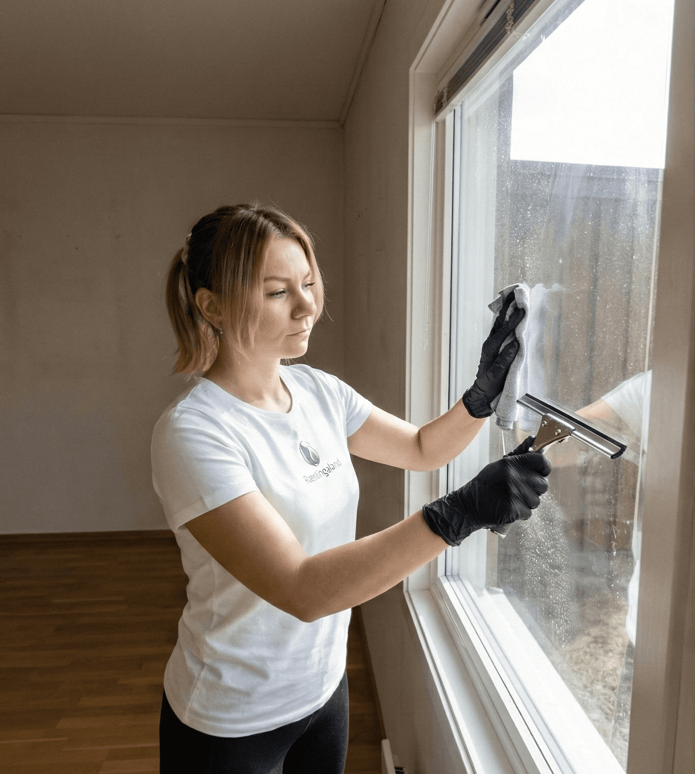 Faglegur gluggaþvottur að innan með sköfu og þvottur á kistum.