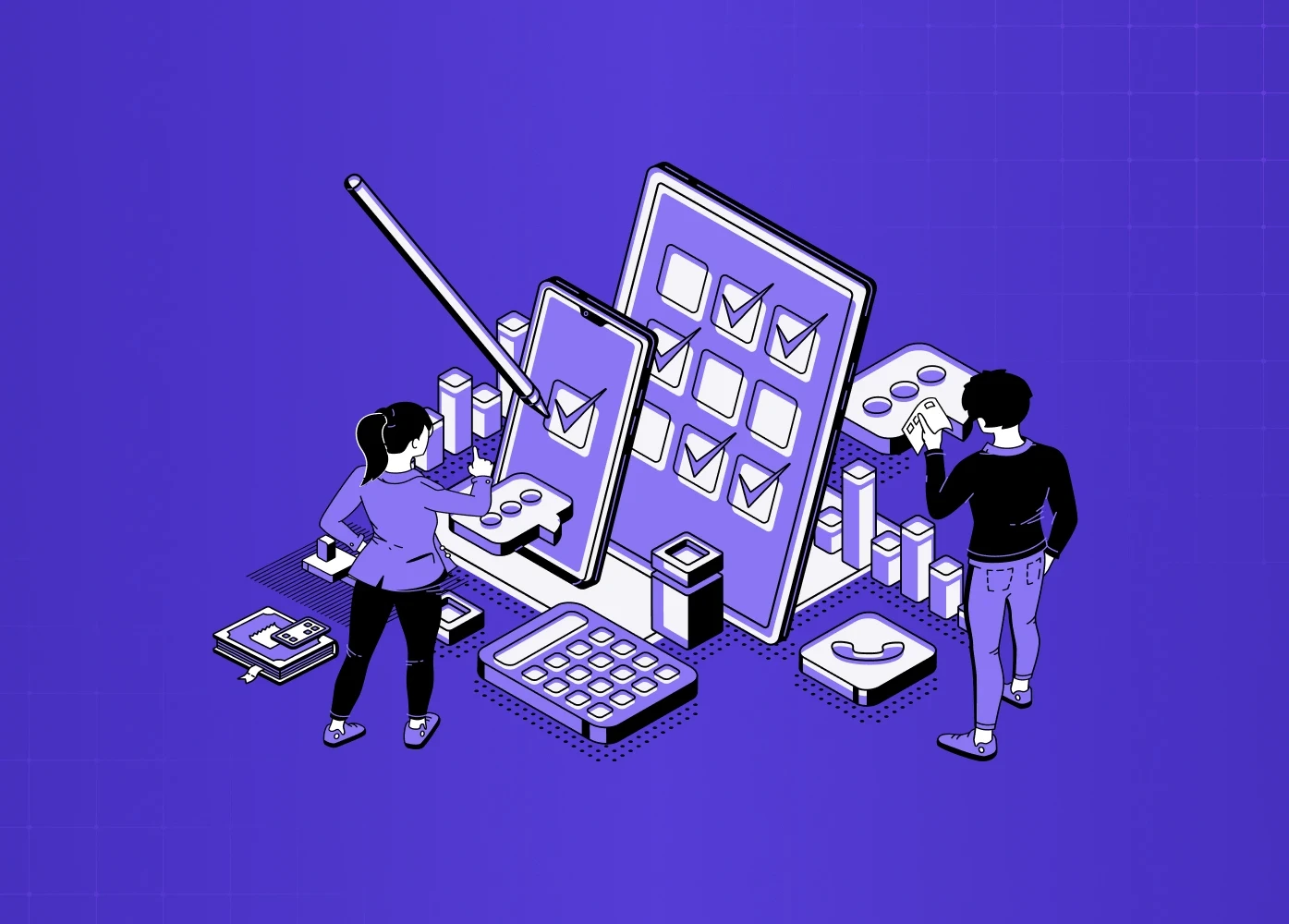 Isometric illustration of two people interacting with large mobile interfaces, selecting checkboxes and managing tasks in a digital workflow.