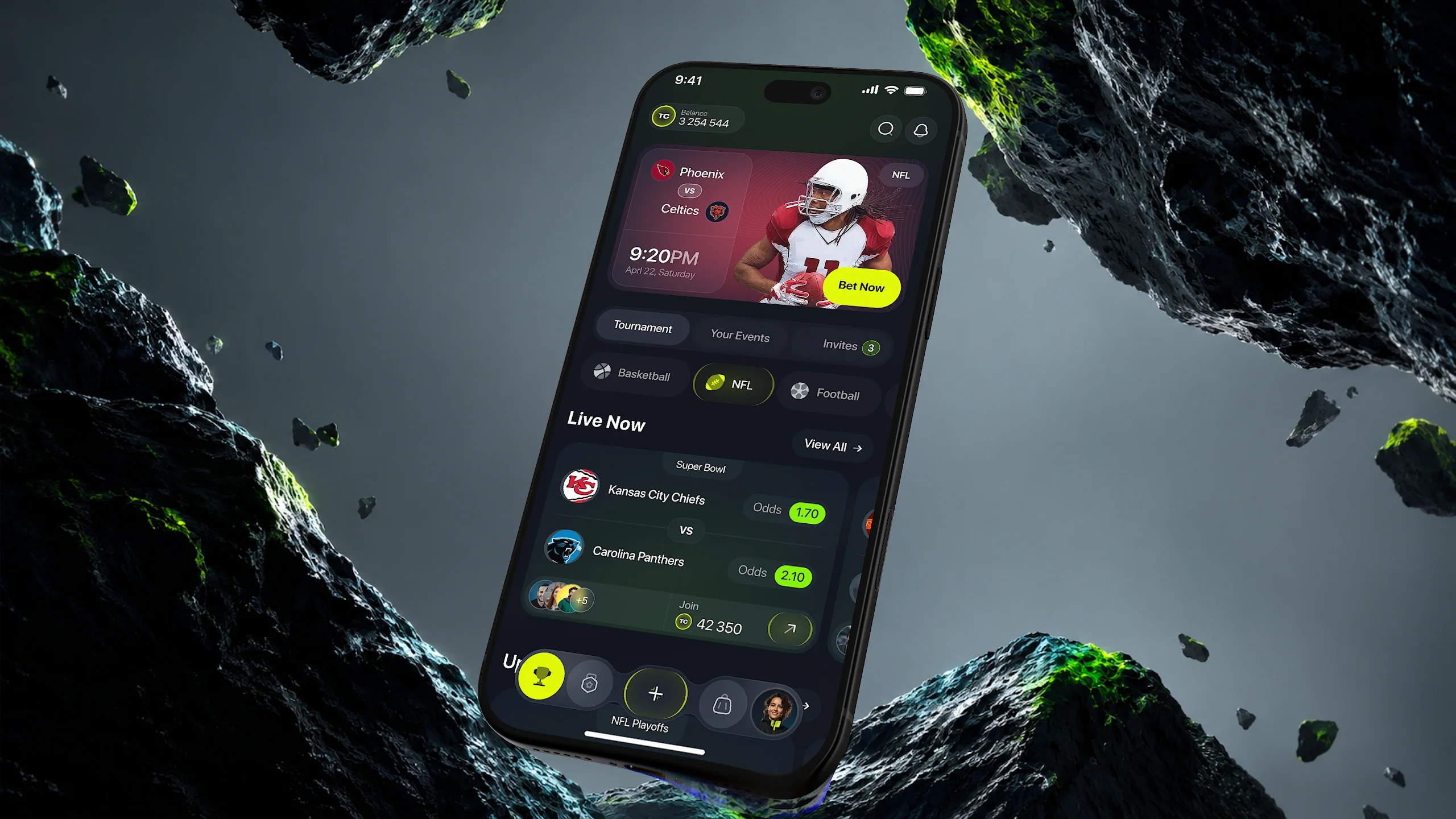 OPS sports prediction app with a dark mobile interface for matches and live events.