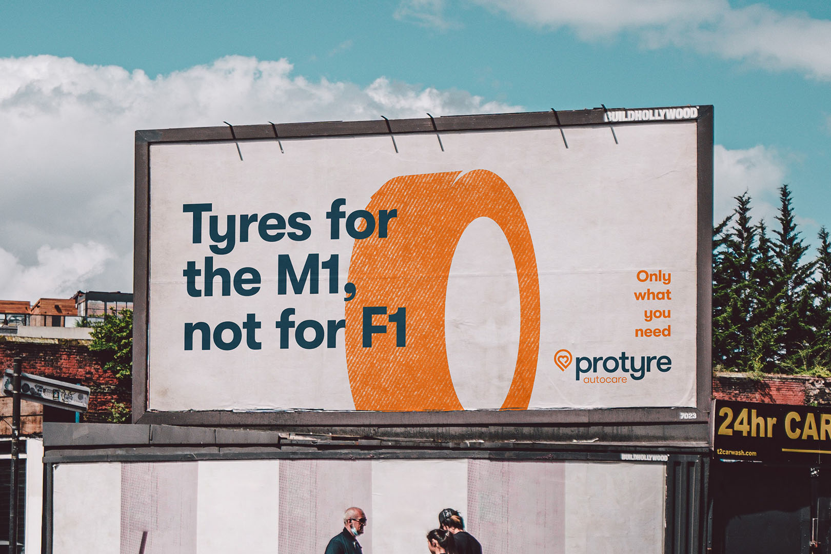 A billboard reads, “We won’t give you a load of hot air. Just an aircon regas,” with an orange air vent graphic and the Protyre Autocare logo, building trust in garages. The slogan “Only what you need” appears on the side.
