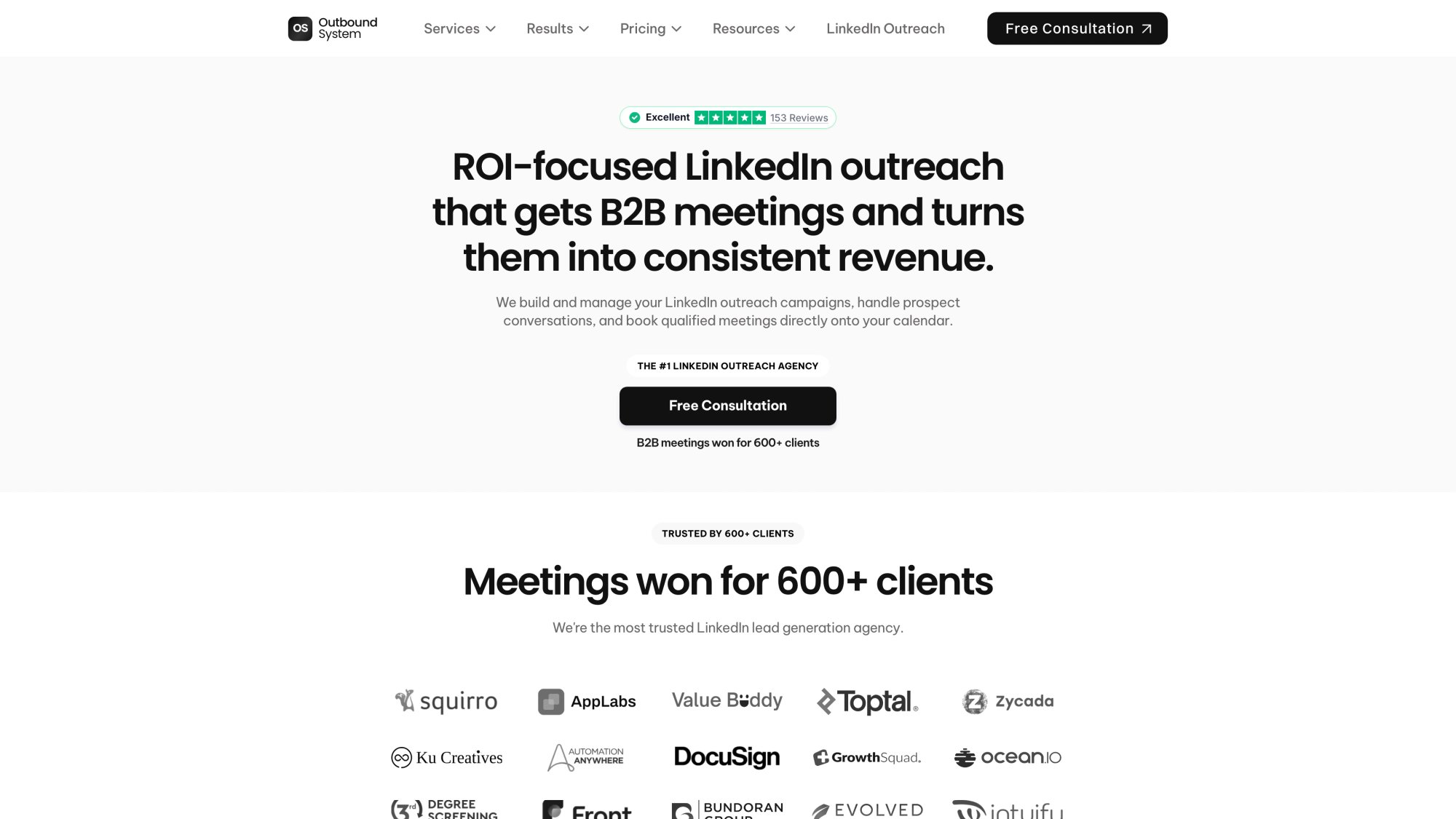 Outbound System LinkedIn lead generation service page displaying Growth ($499), Scale ($699), and Enterprise ($999) pricing tiers with open InMail allocations and managed profiles