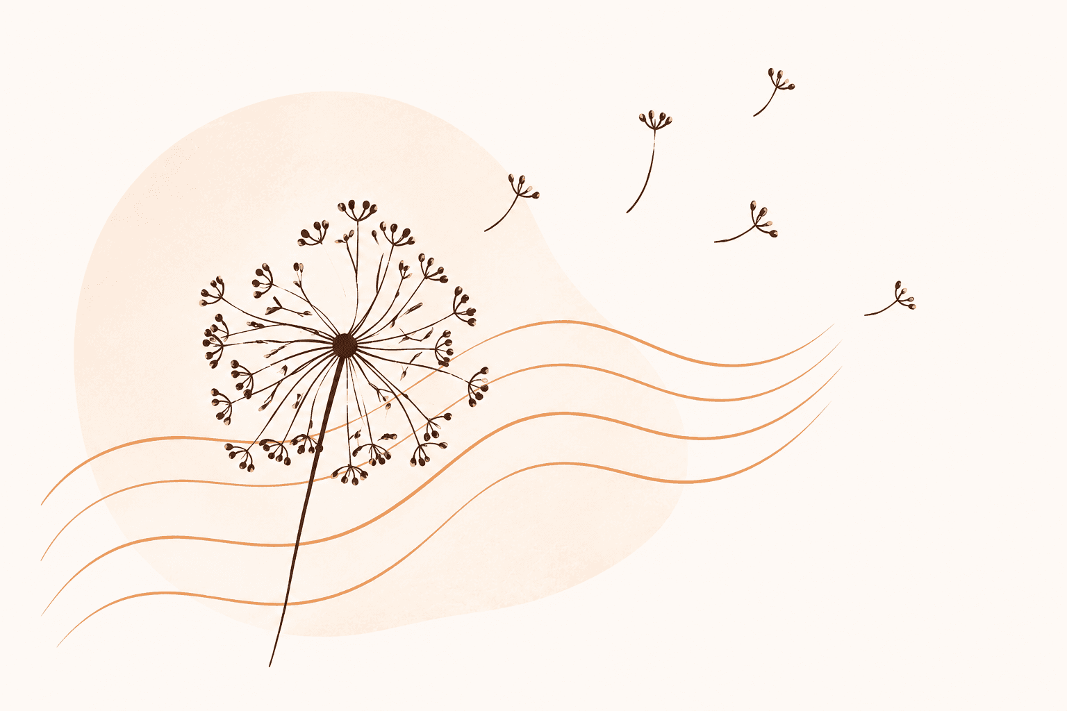 Illustration einer Pusteblume, deren Samen auf Klangwellen davonfliegen