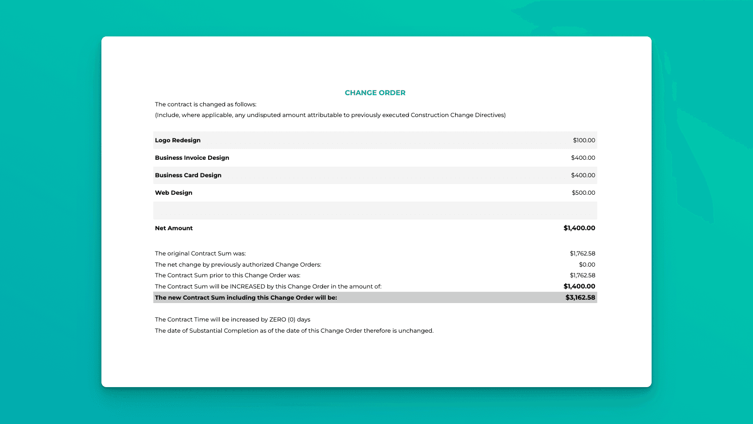 Change Order spreadsheet template showing editable project revisions, updated totals, and contract adjustments.