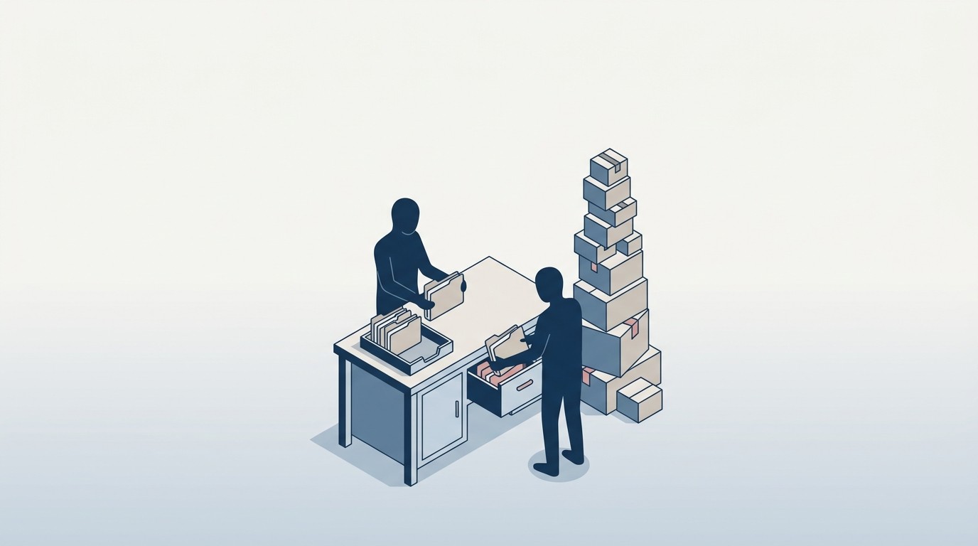 Isometrische Illustration: Zwei Silhouetten sortieren Mappen an einem Prüfpult, daneben ein hoher Turm selbstgebauter Kisten: sichtbar gemachte Schatten-IT.