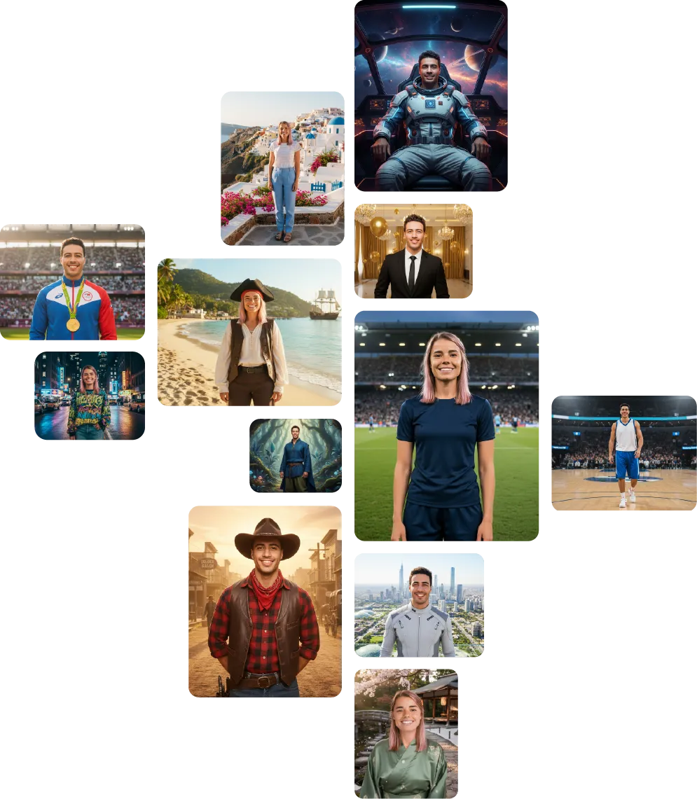 Collage of predefined AI templates for event visuals in different image styles and portrait styles