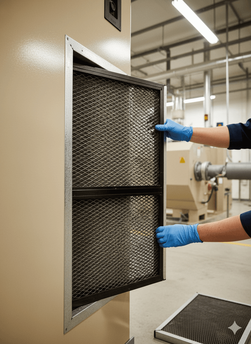 Metal Mesh Pre Filter with layered aluminum screen for capturing coarse dust and debris.