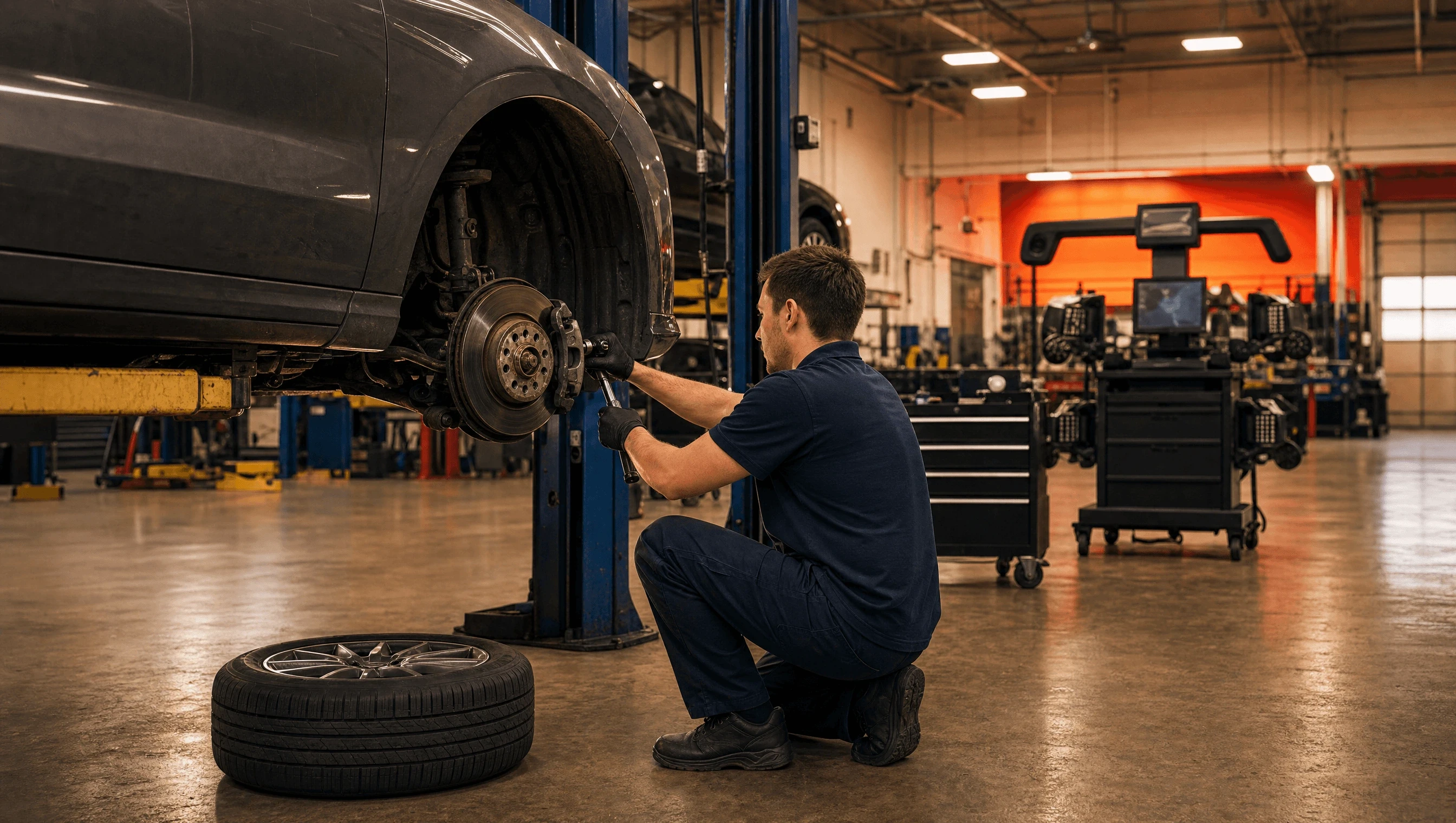 Mechanic repairing the brake assembly of a raised vehicle