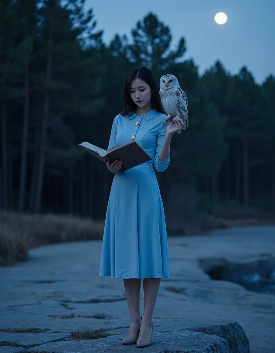 Ethereal twilight scene with a person in a light blue dress reading a book while a white barn owl perches on their arm, full moon above