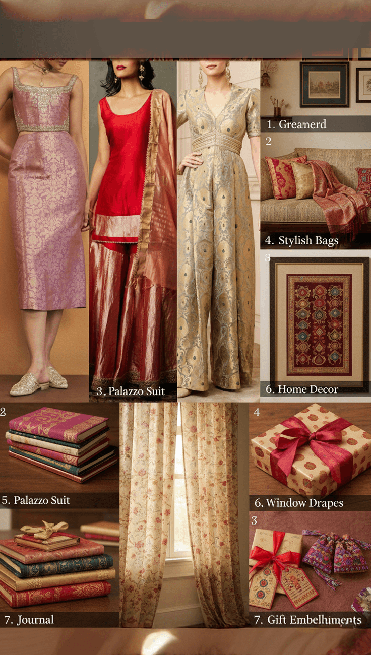 A designer repurposing an old saree into modern outfits and accessories, reflecting creative upcycling and sustainable fashion ideas.