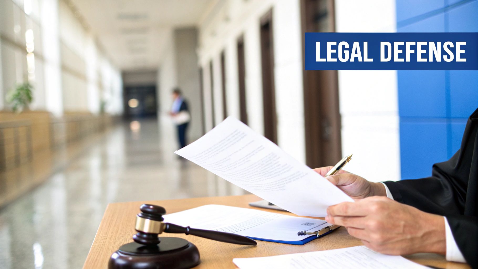 A judge or lawyer reviews legal documents with a gavel on a desk, in a courthouse with a 'LEGAL DEFENSE' banner.