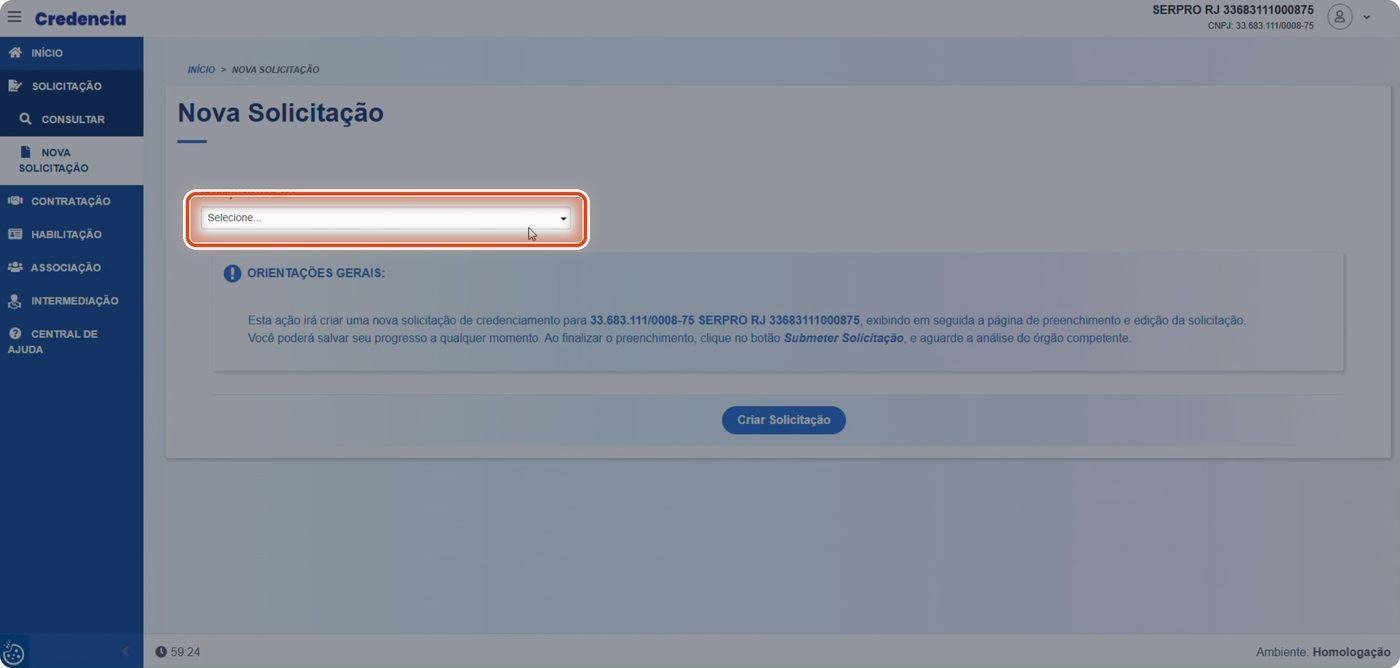 Captura de tela de referência do Credencia para Passo 3 — Abrir o campo Serviço/Natureza. Contexto: 05 — Serviço/Natureza.
