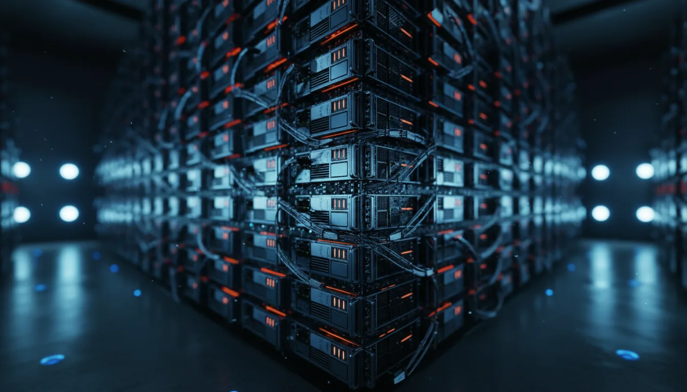 A low-angle DSLR photograph of a massive, intricate wall of server blades in a dark data center, representing Virtual Desktop Infrastructure. The shot features an extreme shallow depth of field, with sharp focus on the complex metal and plastic textures of a central section, while the foreground and background recede into a soft bokeh. Cinematic contrast lighting creates a dramatic mood, with cool blue ambient light illuminating the hardware and a warm orange glow emanating from deep within the server modules. In the out-of-focus distance, several bright blue lights sit on the floor.