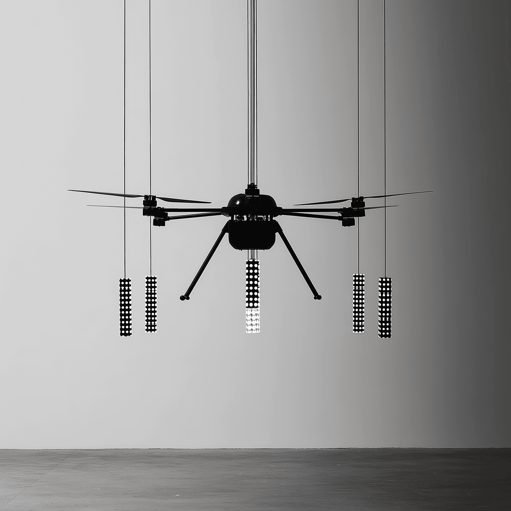 Minimalist black quadcopter drone suspended in a gallery-like space, with hanging cylindrical light elements and a monochrome gray background.