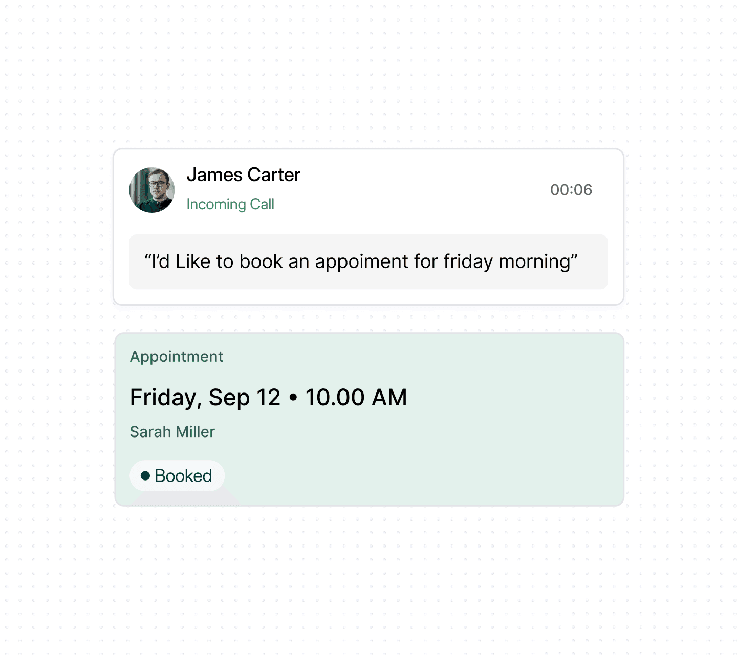 Dialbird AI Receptionist finding an available time and booking a customer appointment directly during the call.