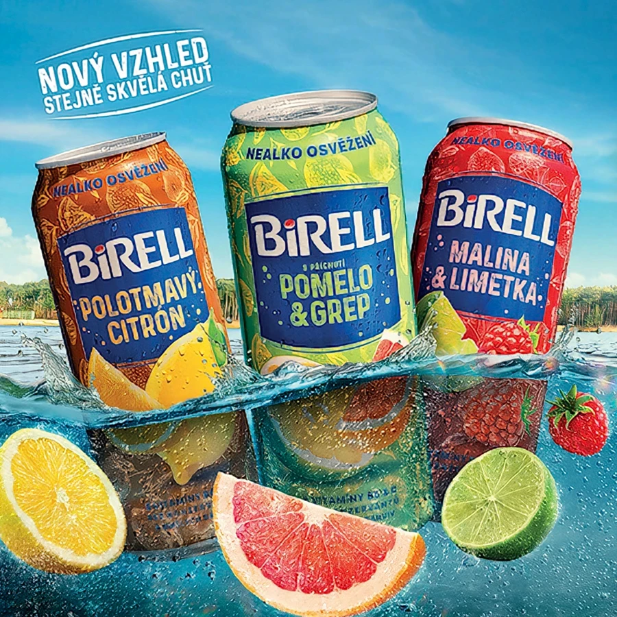 Three cans of different flavoured Birell, lemon lime and grapefruit in foreground