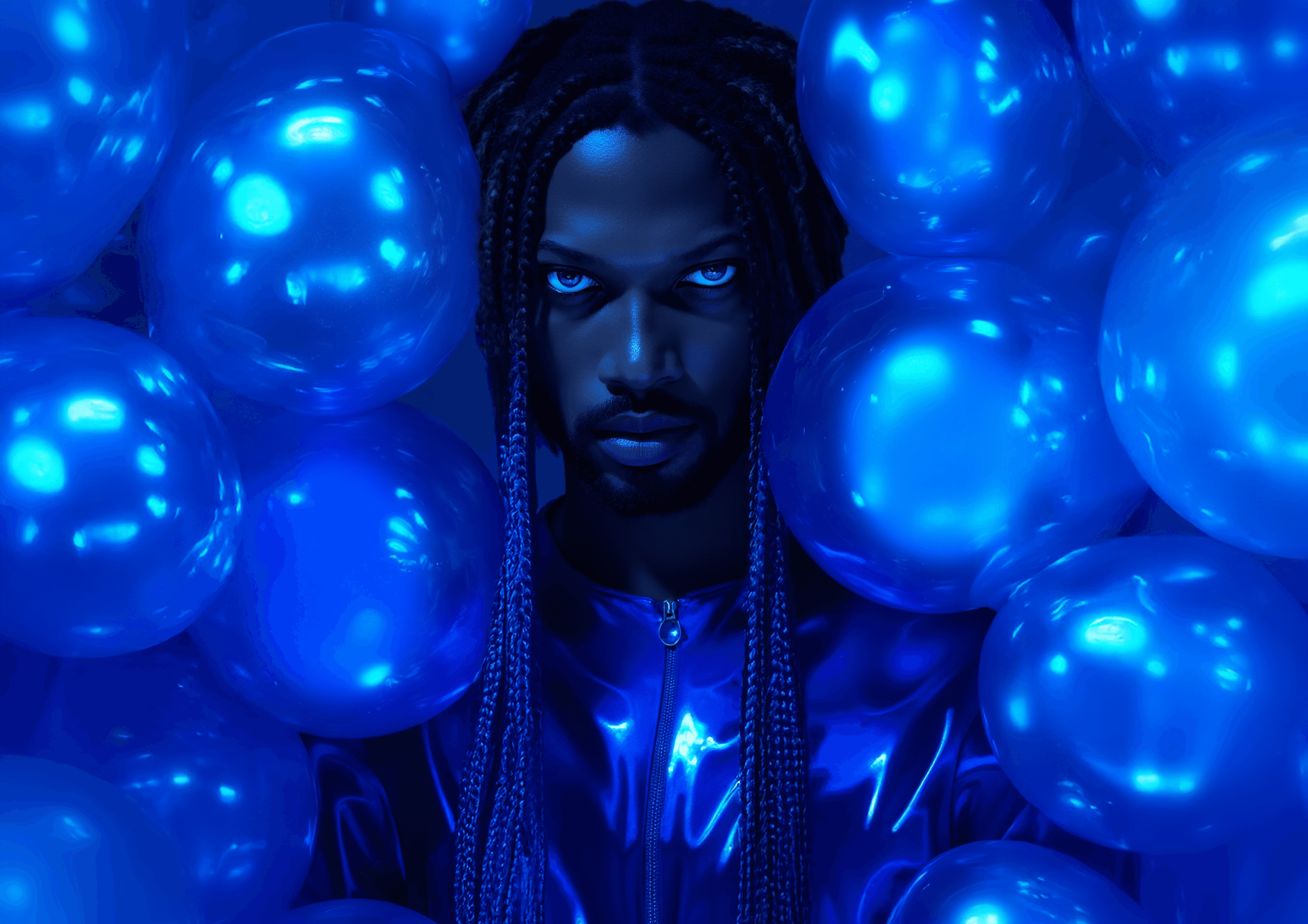 Afrofuturist portrait with glowing blue orbs
