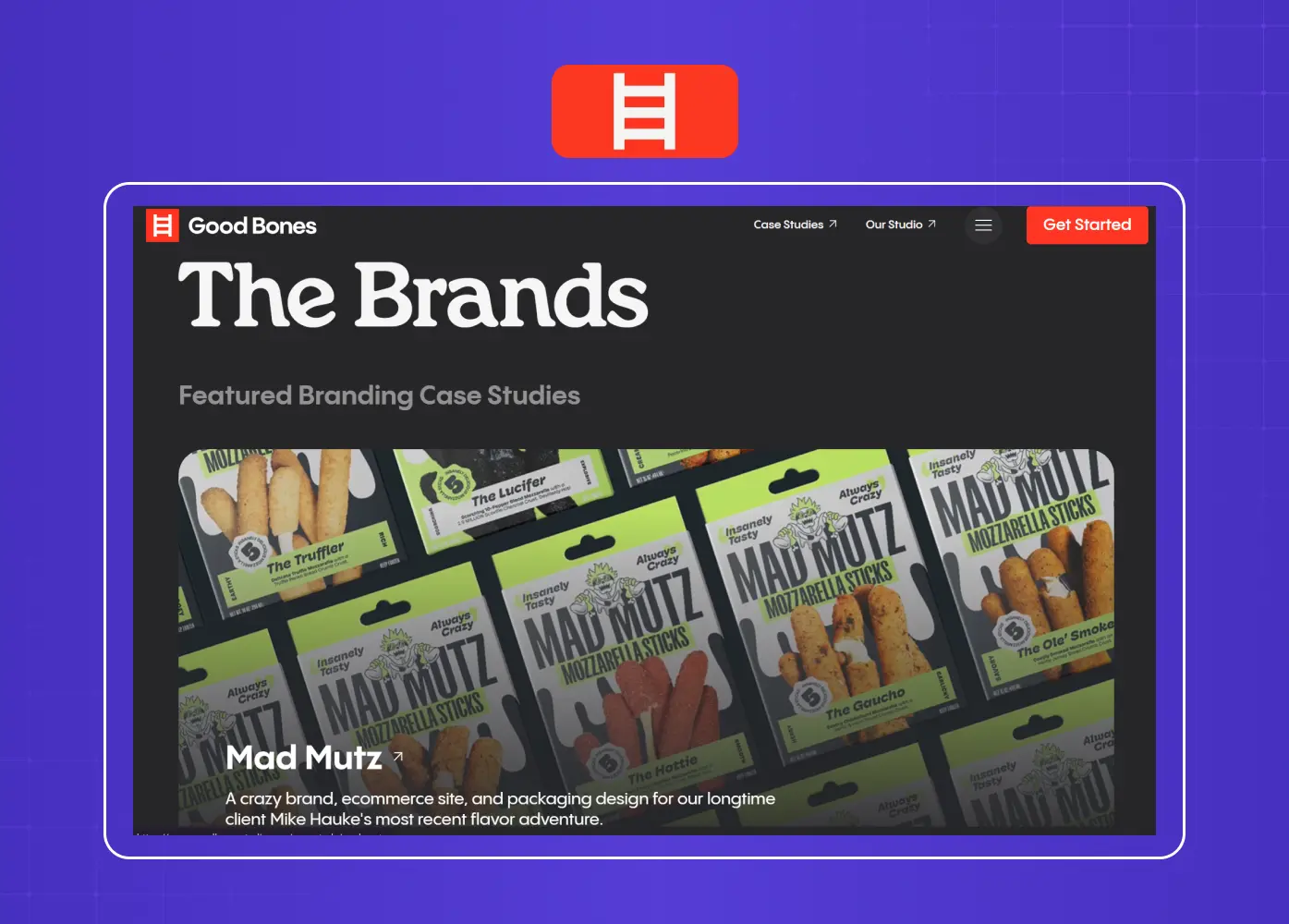 Branding agency portfolio page highlighting featured brand identity and packaging design projects.