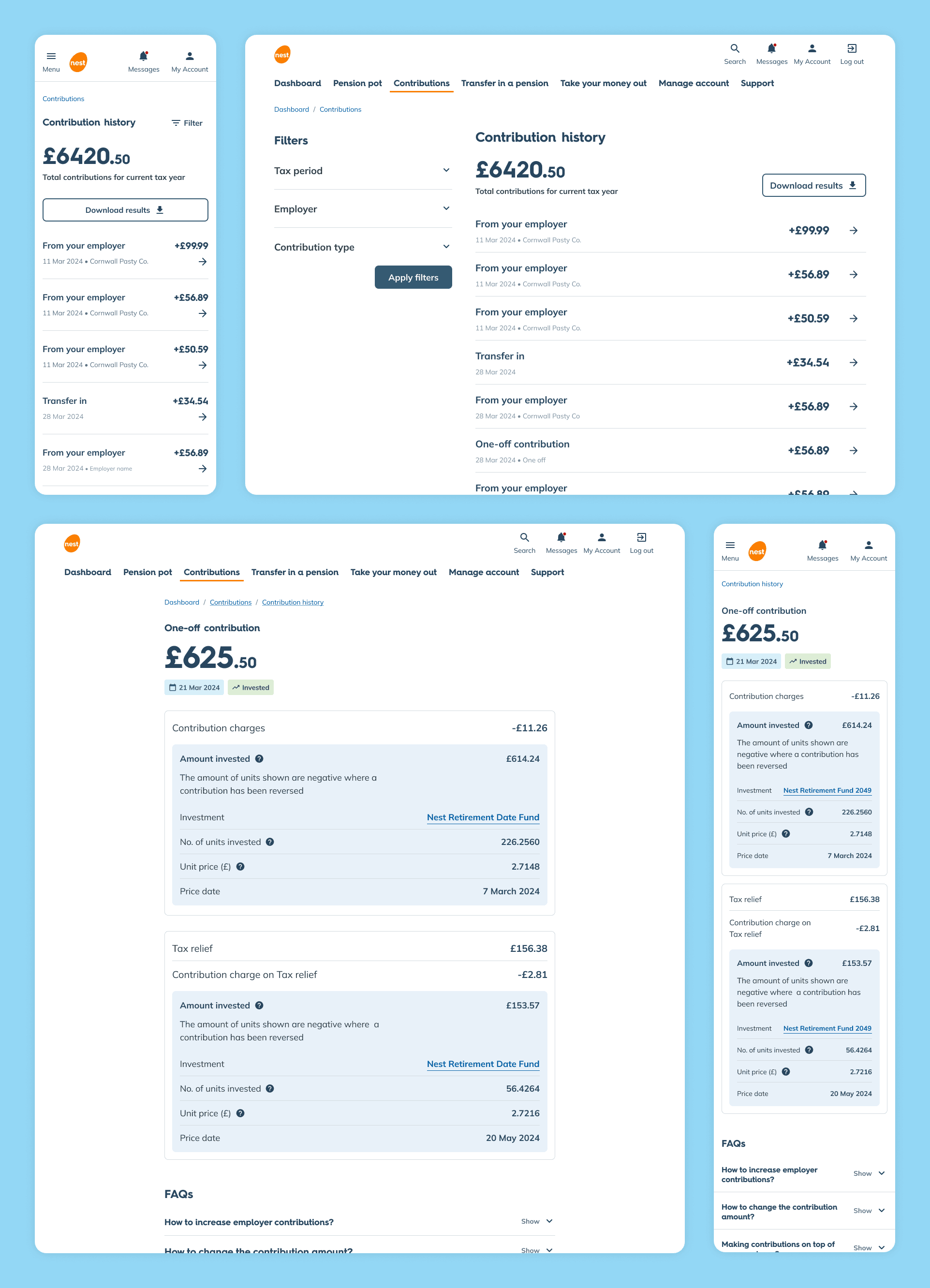 Contribution history with filters and list of transactions