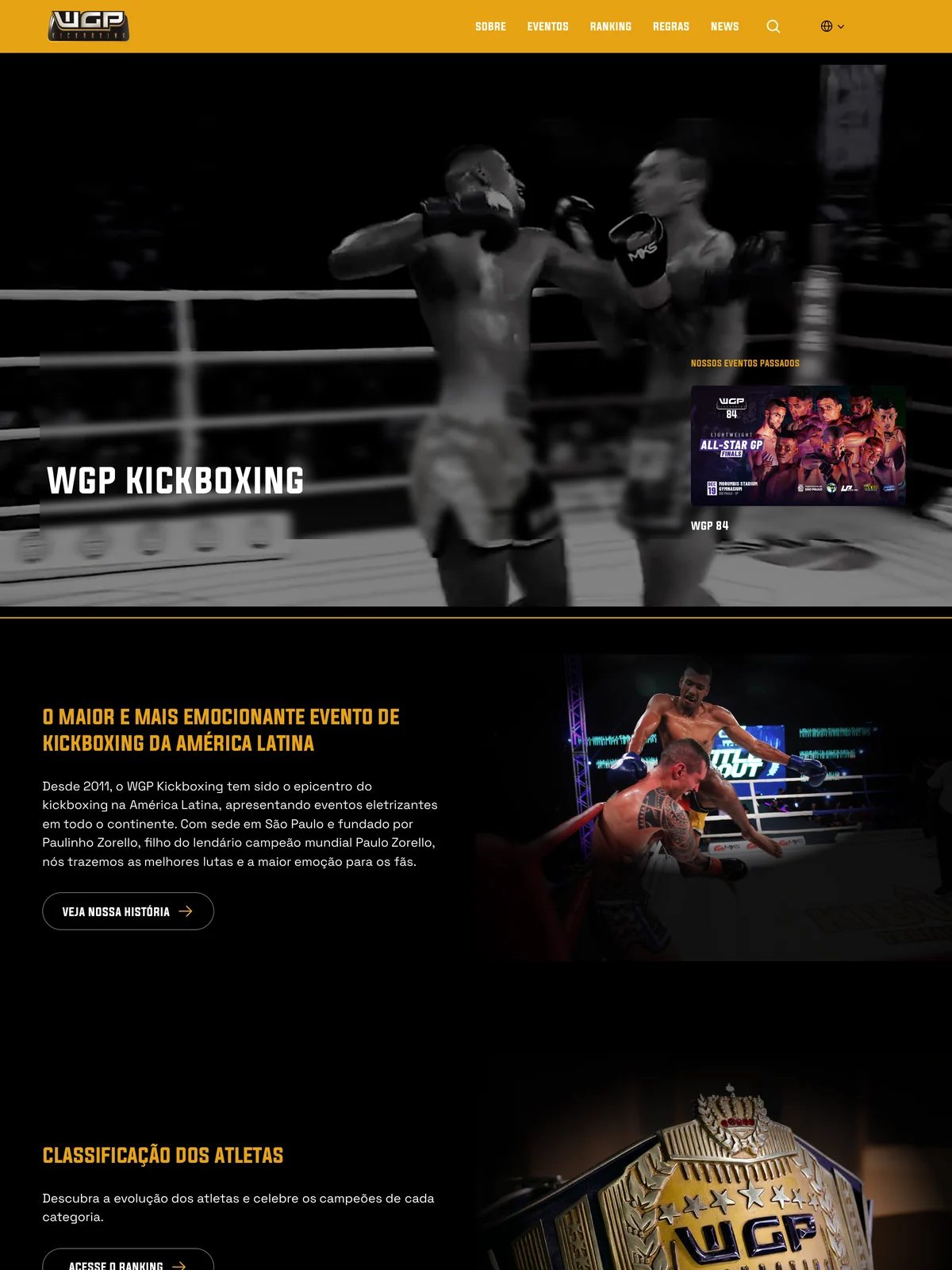Página inicial do site do WGP Kickboxing no computador