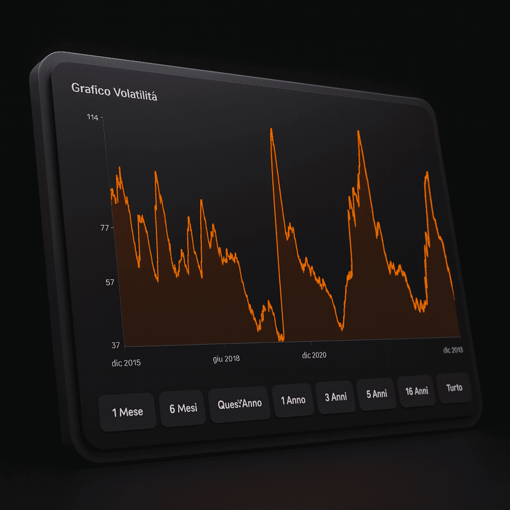 Grafico della volatilità su TotalTrade con andamento storico pluriennale e pulsanti per analizzare i periodi da 1 mese a 16 anni.