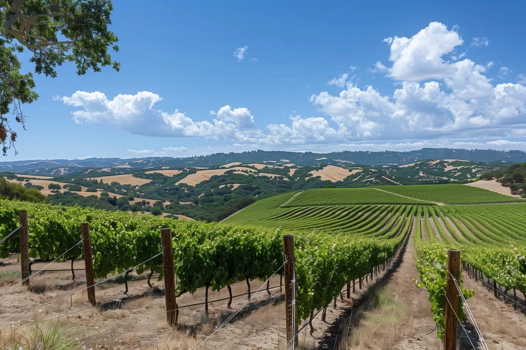 Scenic vineyard landscape with rolling green hills and countryside views