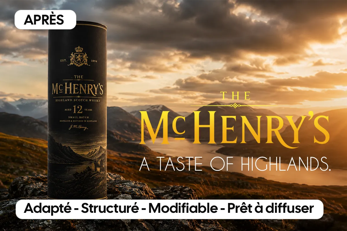Visuel publicitaire pour une marque de whisky premium, avec bouteille présentée dans un paysage montagneux des Highlands au coucher du soleil.