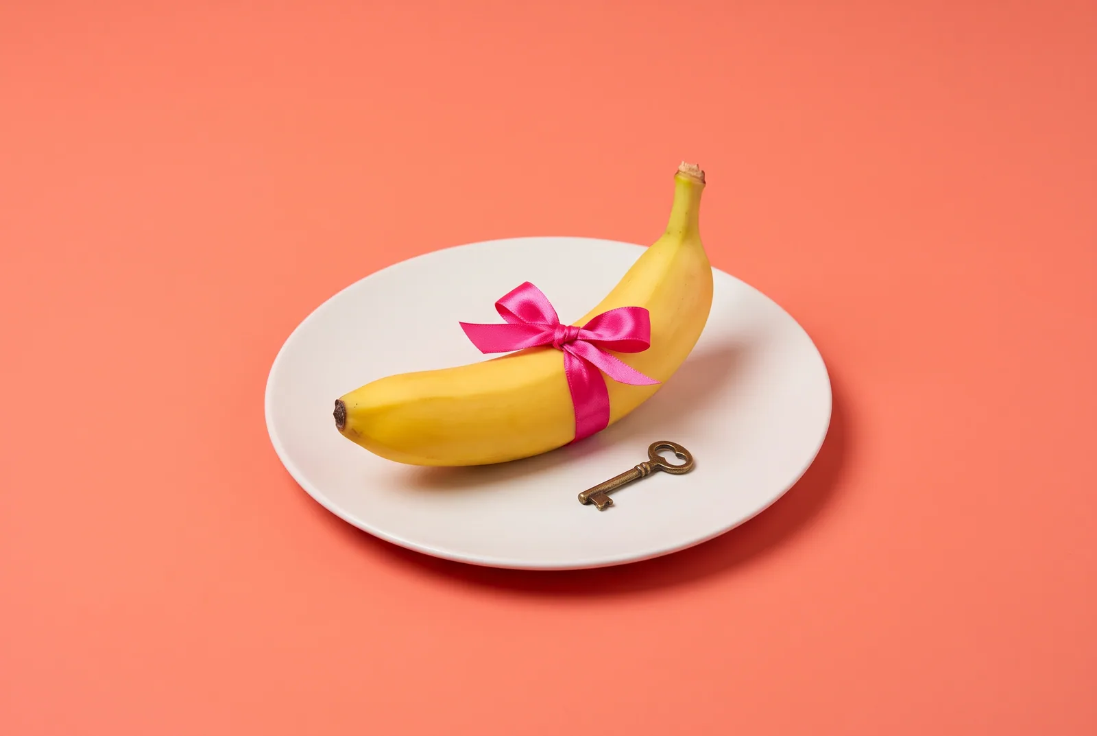 Free accountability app alternative concept: a banana tied shut with a pink ribbon on a white plate beside a small brass key