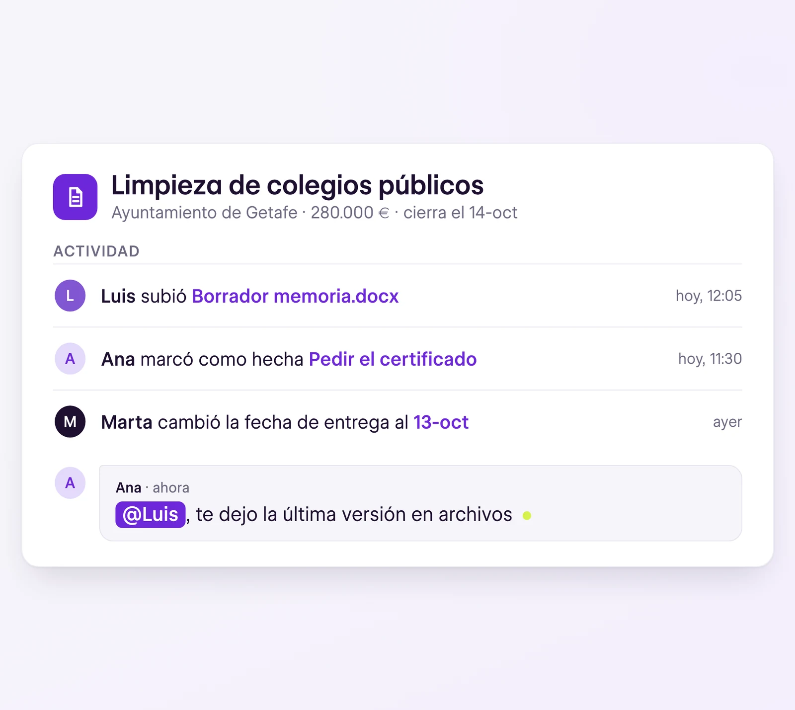 Actividad de la licitación: quién subió un archivo, marcó una tarea como hecha o cambió la fecha de entrega