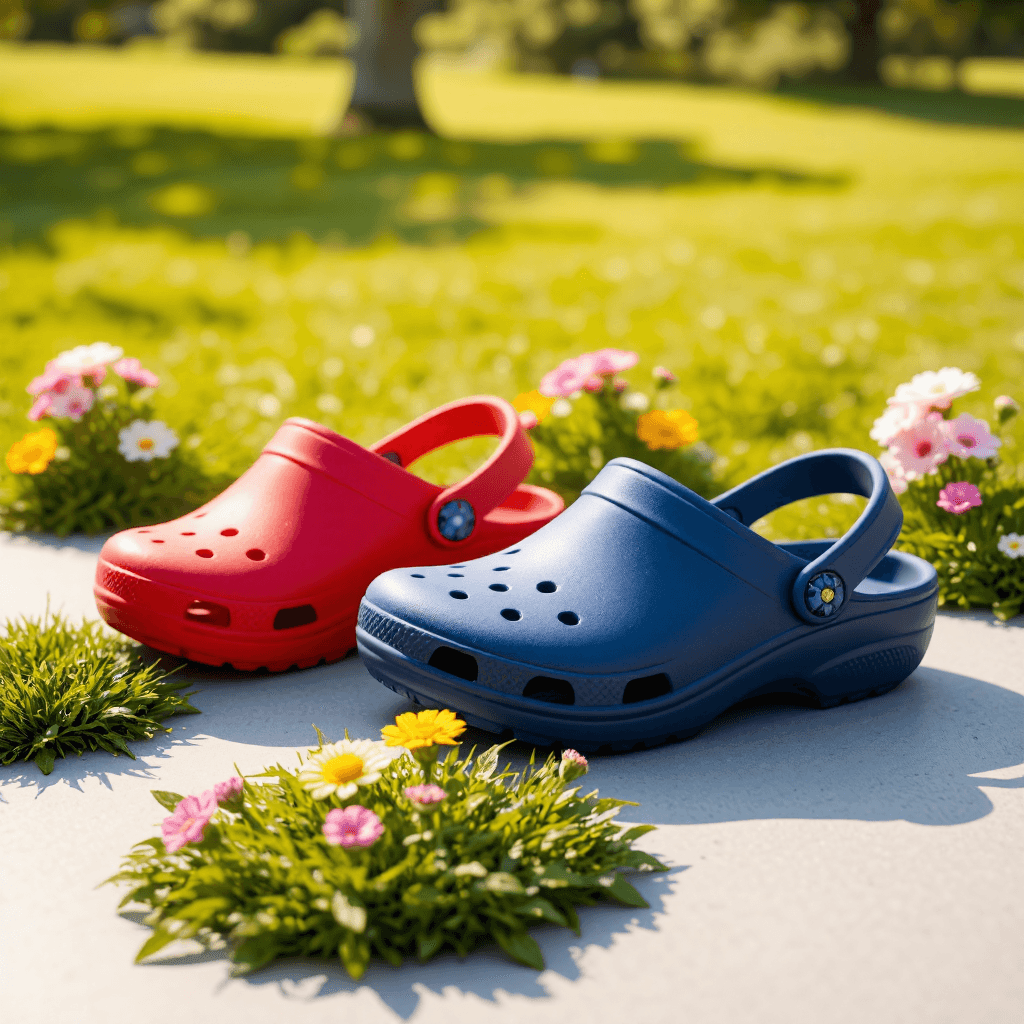 product photography of a pair of colorful children's clogs with floral decorations