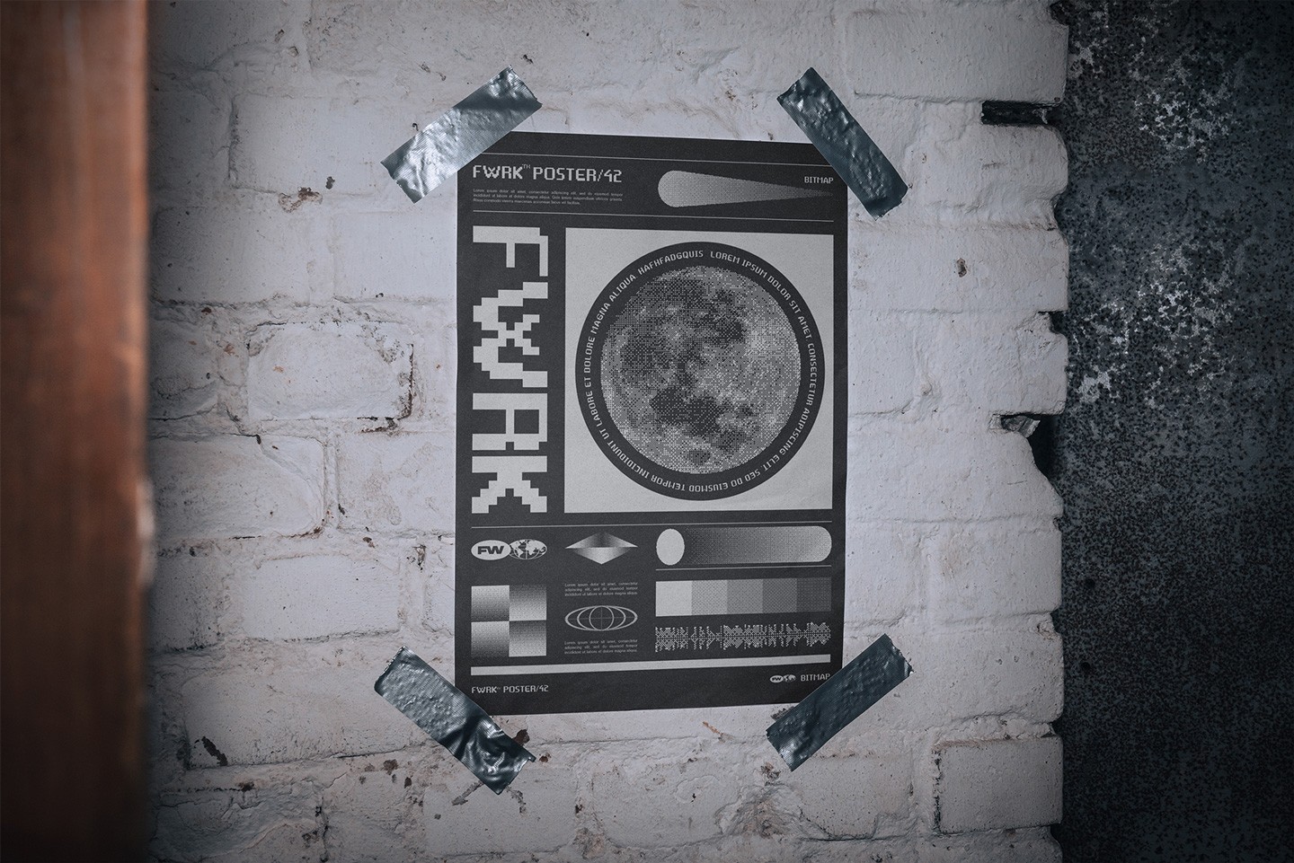 ertical A3 poster mockup on a brick wall showcasing a high-contrast bitmap moon illustration and typography