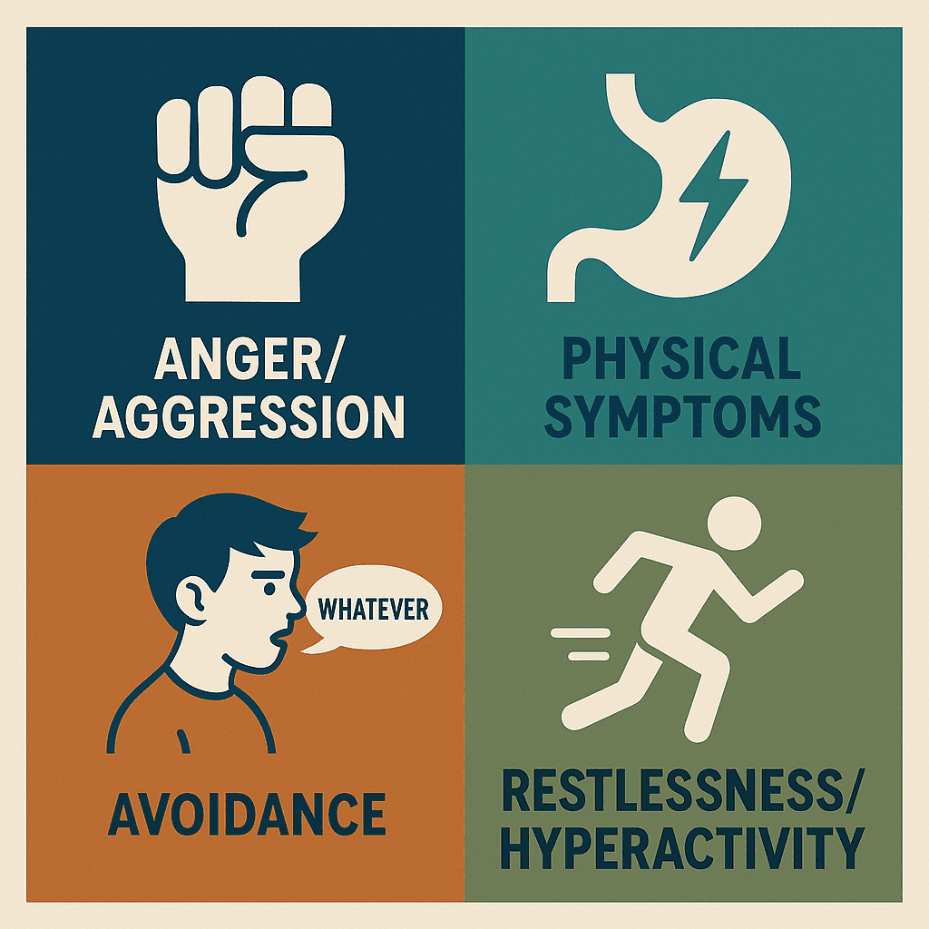 Infographic showing anxiety symptoms specific to boys - anger outbursts, physical complaints, avoidance disguised as "not caring", restlessness