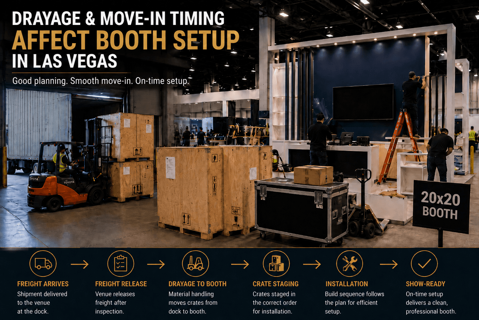 Las Vegas trade show booth move-in scene with drayage, freight release, crate staging, dock-to-booth movement, and installation crew setup sequence