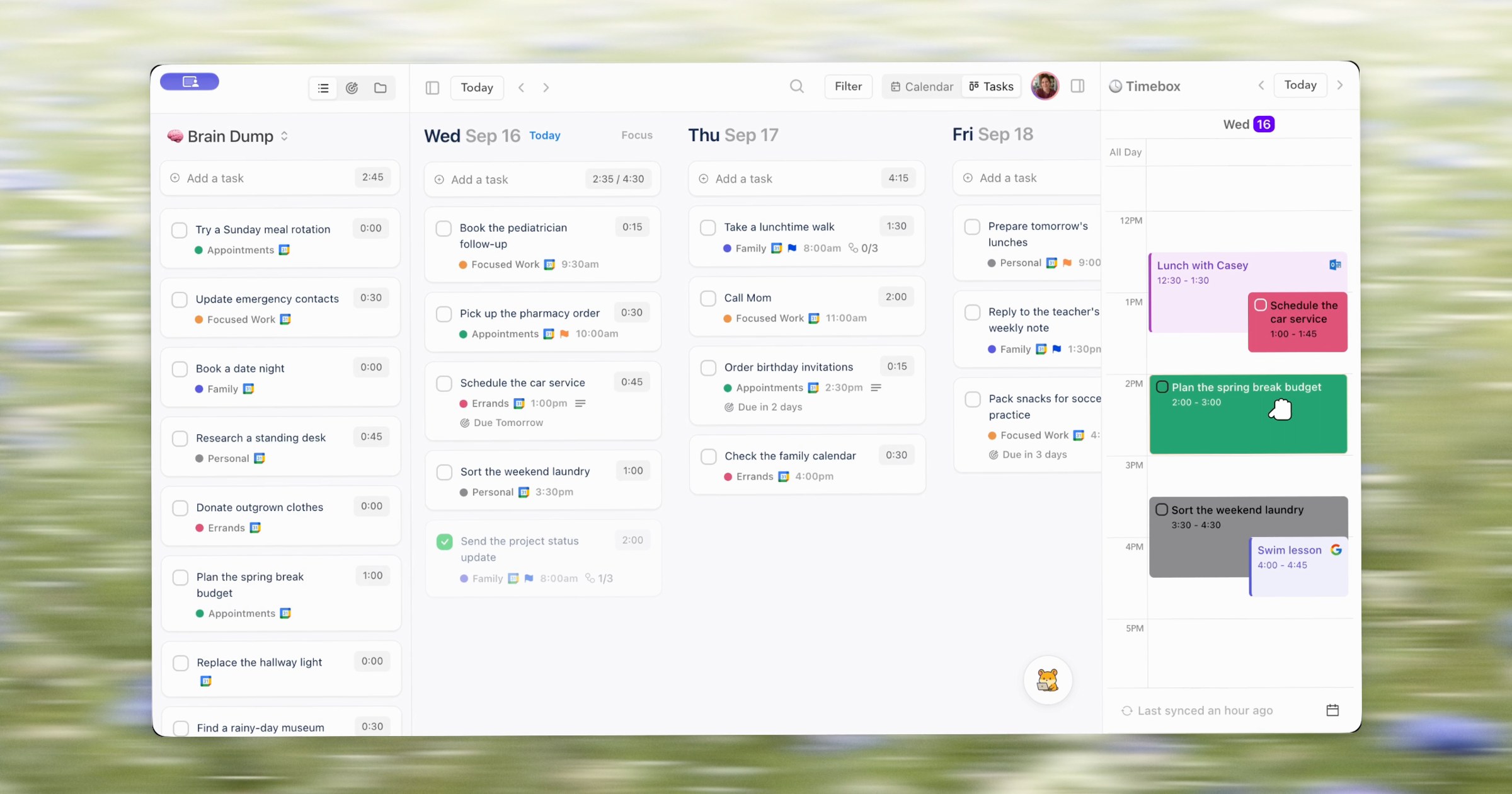 Ellie for Mac planner window with a green Plan the spring break budget block at 2 PM on the Timebox and an open-hand mouse pointer resting on it