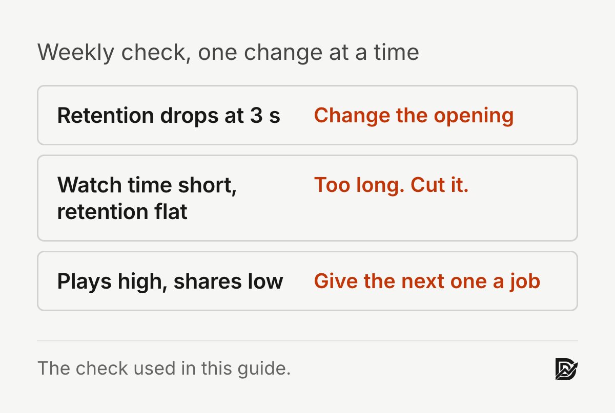Weekly check: retention drops at three seconds means change the opening; short watch time with flat retention means cut it; high plays with low shares means give the next one a job