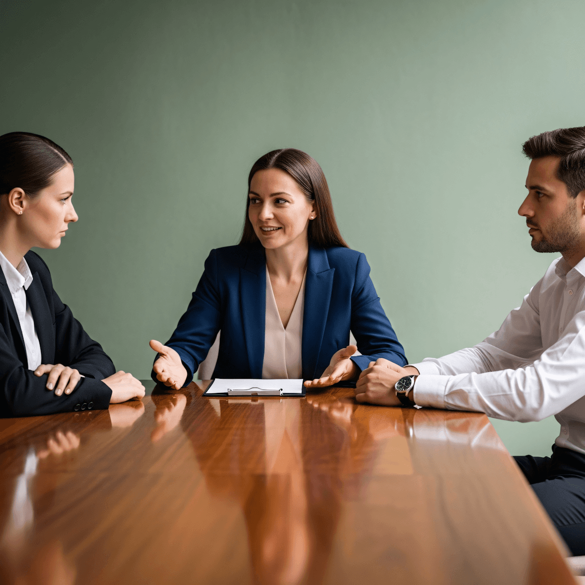 Three professionals engaged in a discussion around a wooden table in a modern office setting.