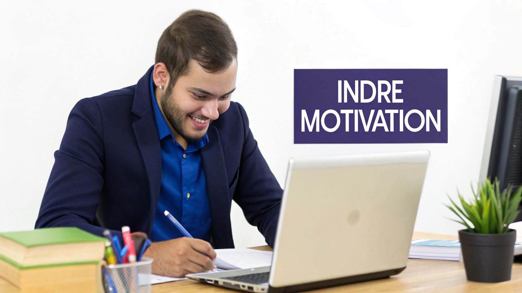 Ung mand smiler og skriver ved skrivebord med laptop og bøger, med skilt: 'INDRE MOTIVATION'.