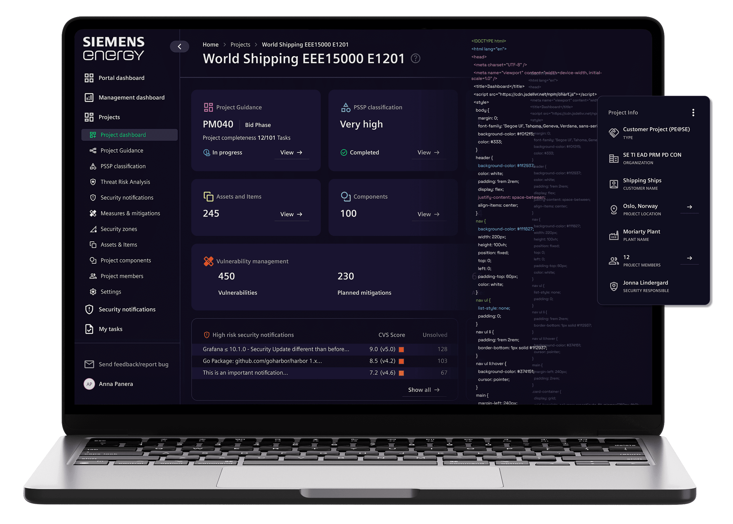 Industrial cybersecurity dashboard on laptop for monitoring Siemens Energy infrastructure systems