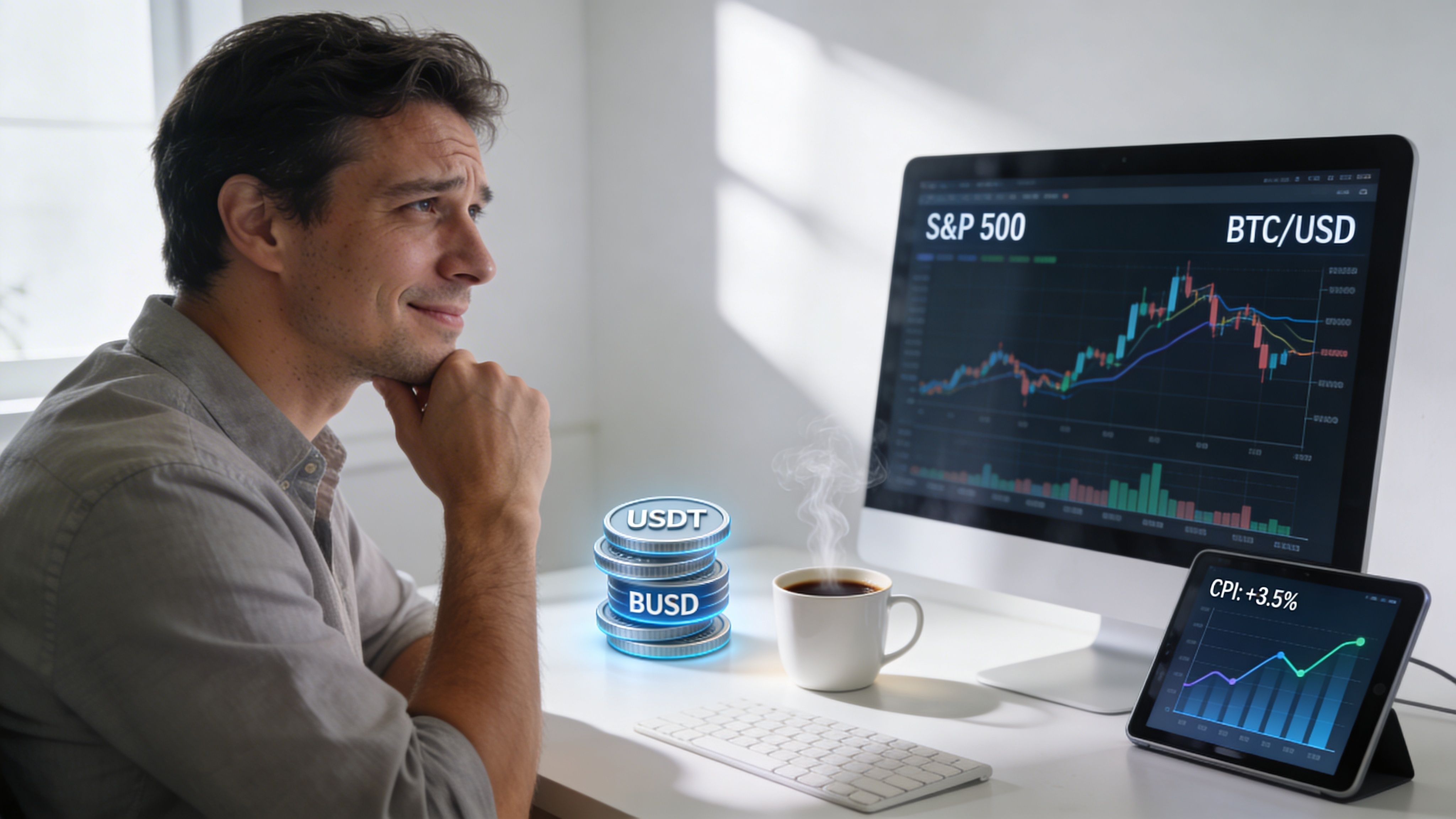 A man sits at a desk looking at charts of the S&P 500 and cryptocurrency prices on screens.