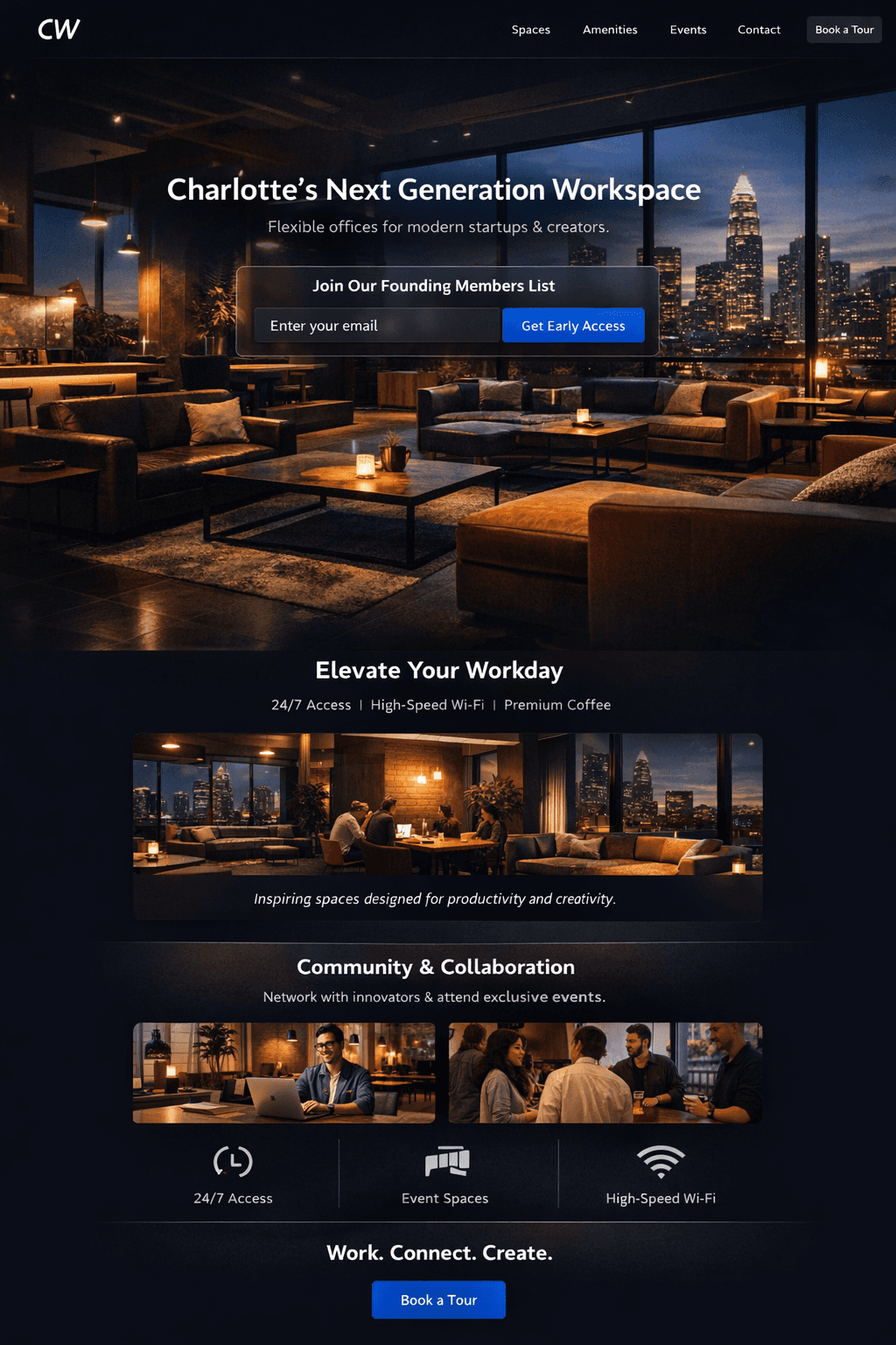 Landing page mockup of coworking site