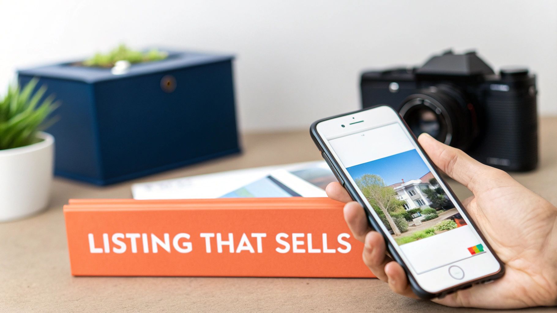 A hand holds a smartphone displaying a house for sale, beside a 'LISTING THAT SELLS' book.