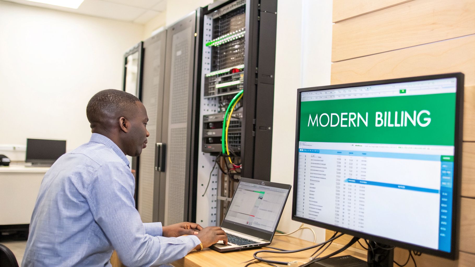 A man works on a laptop in a server room, with a monitor displaying 'Modern Billing' software.