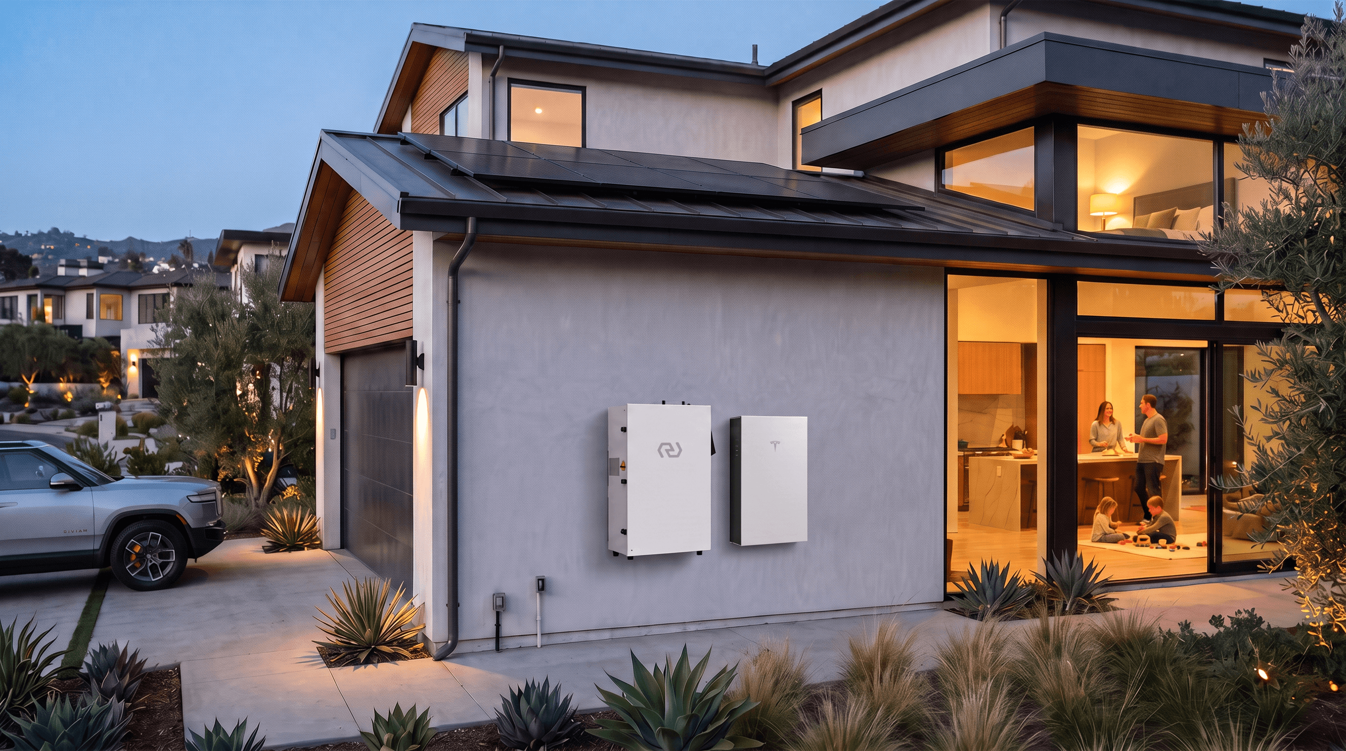 Redde energy storage and inverter units mounted on a home's exterior wall, with solar panels on the roof